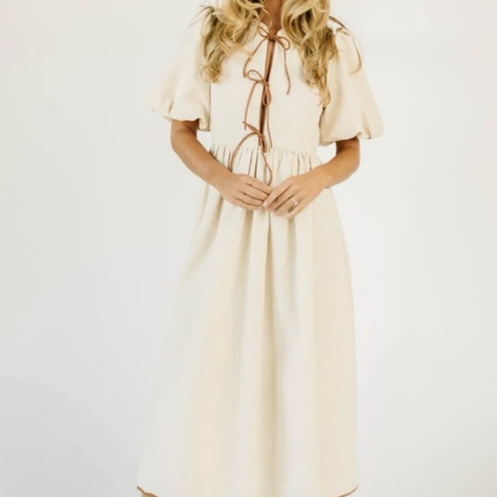 Chic Cream Midi Dress with Brown Details